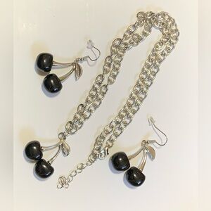 Black Cherry Necklace & Earrings Set in Silver Tone